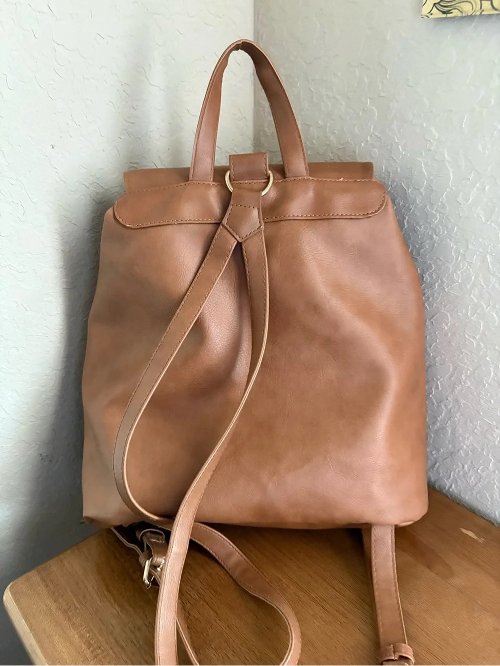 Classic Women's Backpack Tote - Tan Faux Leather